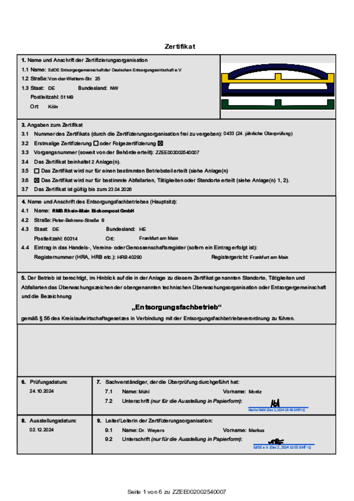 Zertifikat Entsorgungsfachbetrieb RMB gültig bis April 2026